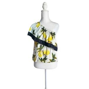 Lucca Lemon Print One Shoulder Top Ruffle Asymmetrical Coastal Italian Summer S